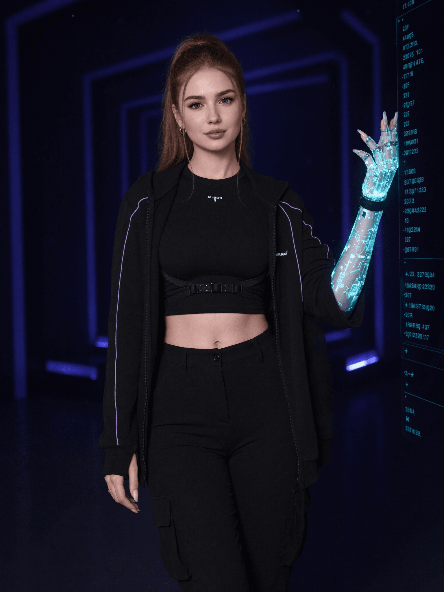 Vale, personaje creado con IA y cara de Elixia: pelo cobrizo, ropa techwear negra y un brazo cibernético que brilla en cian